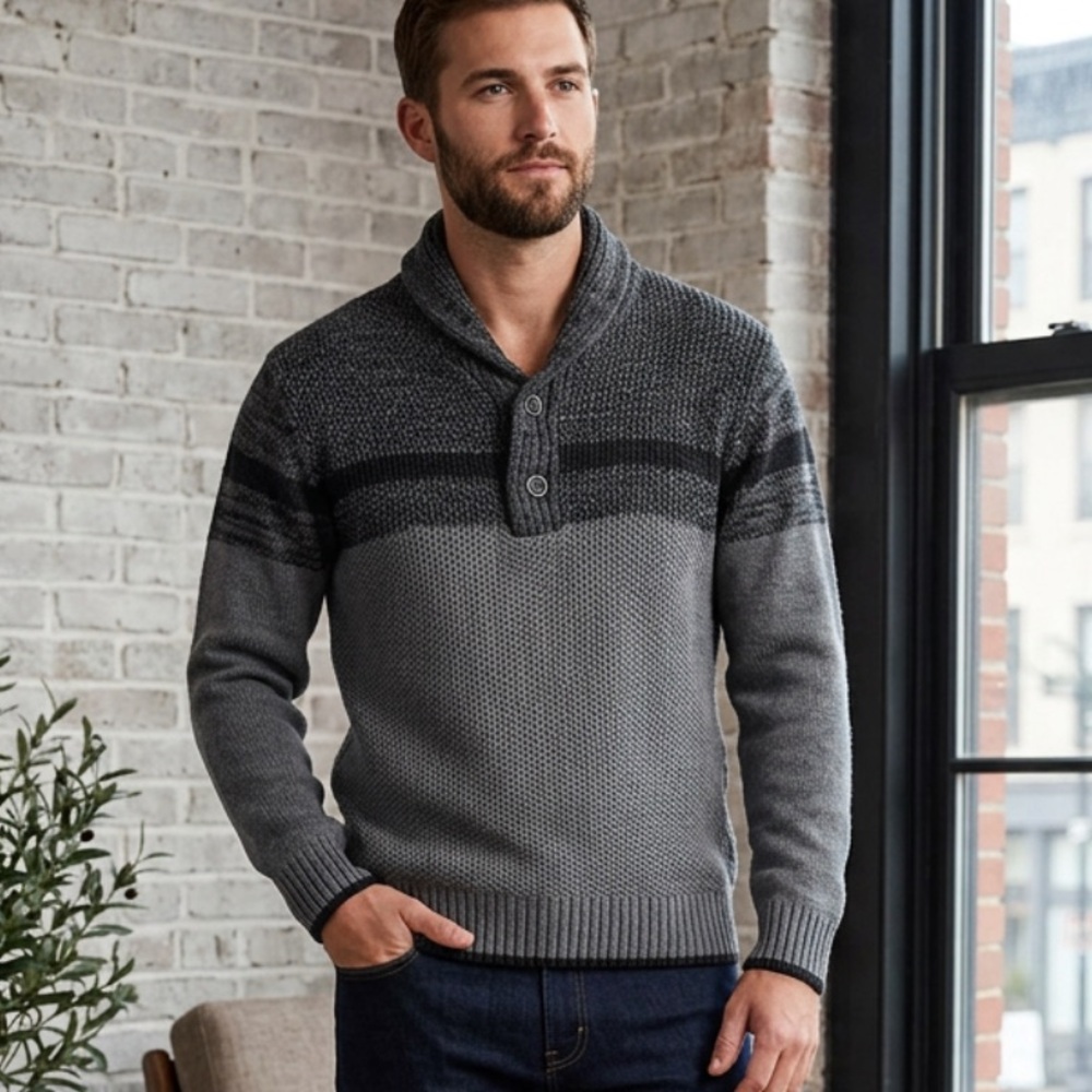 PARK SLOPE NEW YORK COWL NECK STRIPED KNIT BLACK GRAY SWEATER MENS SZ MED